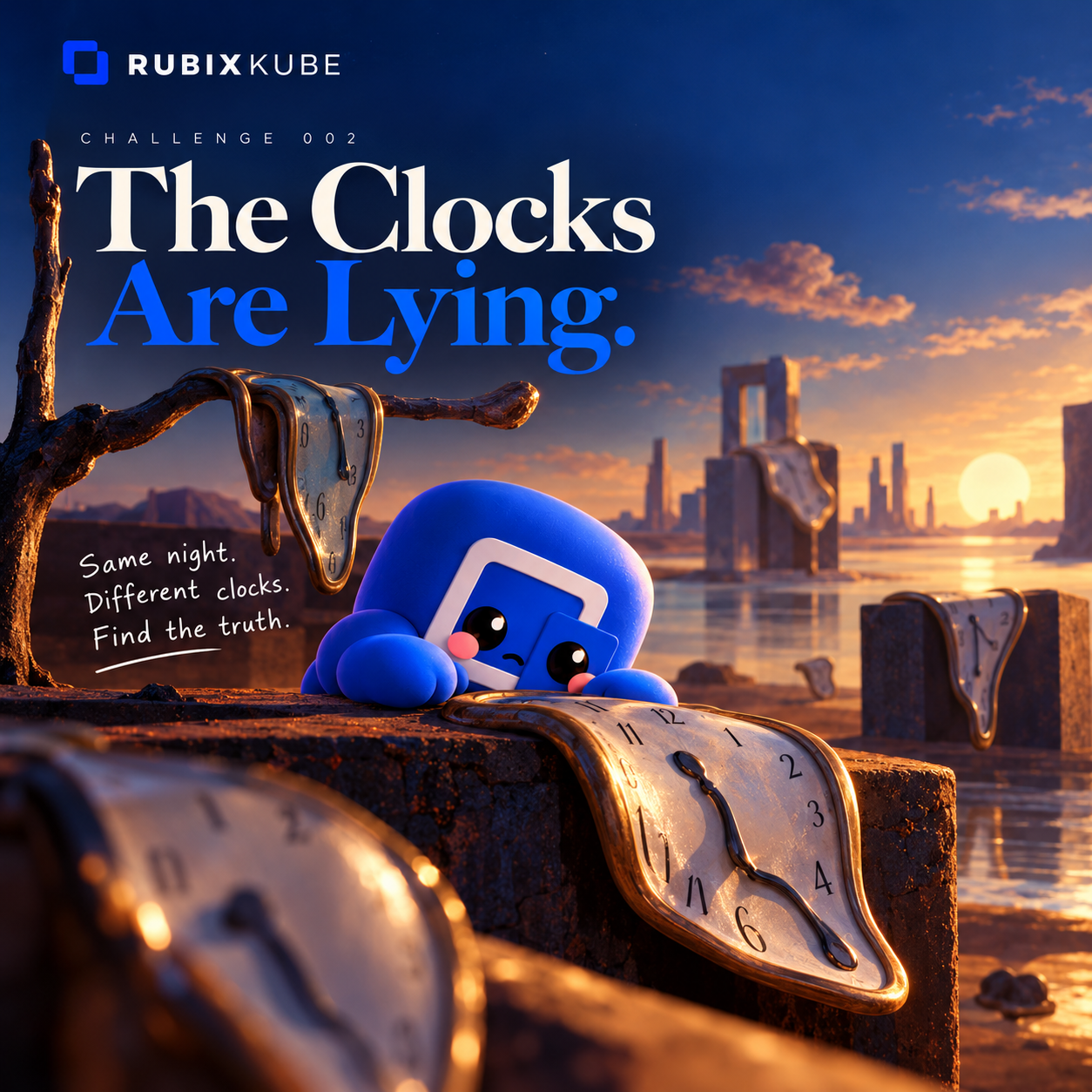 Rubix peering over a ledge in a desert at sunset, melting clocks draped over the branches and the wall around him. The Clocks Are Lying. Same night, different clocks, find the truth.