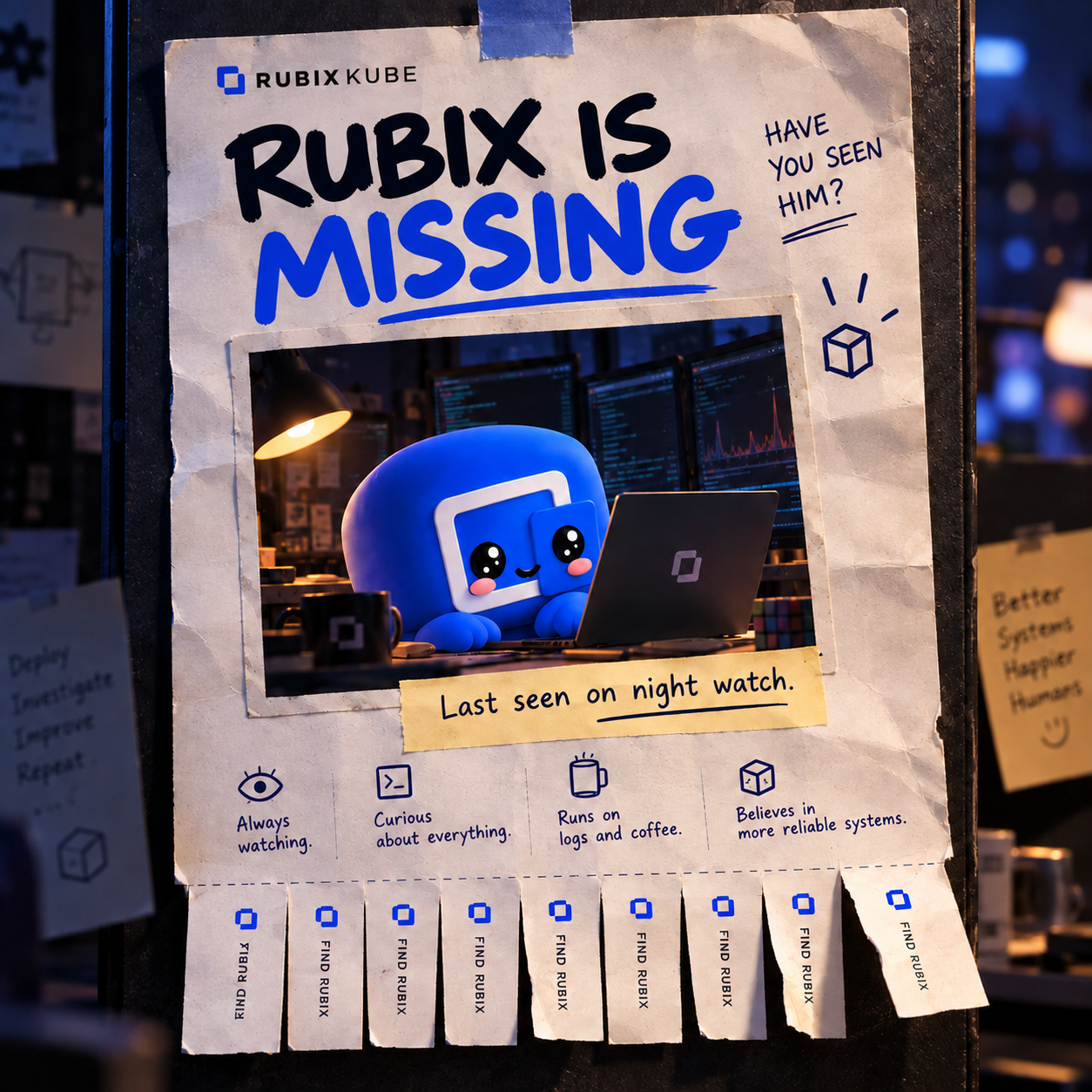 Missing poster pinned to a wall: RUBIX IS MISSING. Have you seen him? Rubix at his laptop, last seen on night watch, with tear-off tabs that say FIND RUBIX.