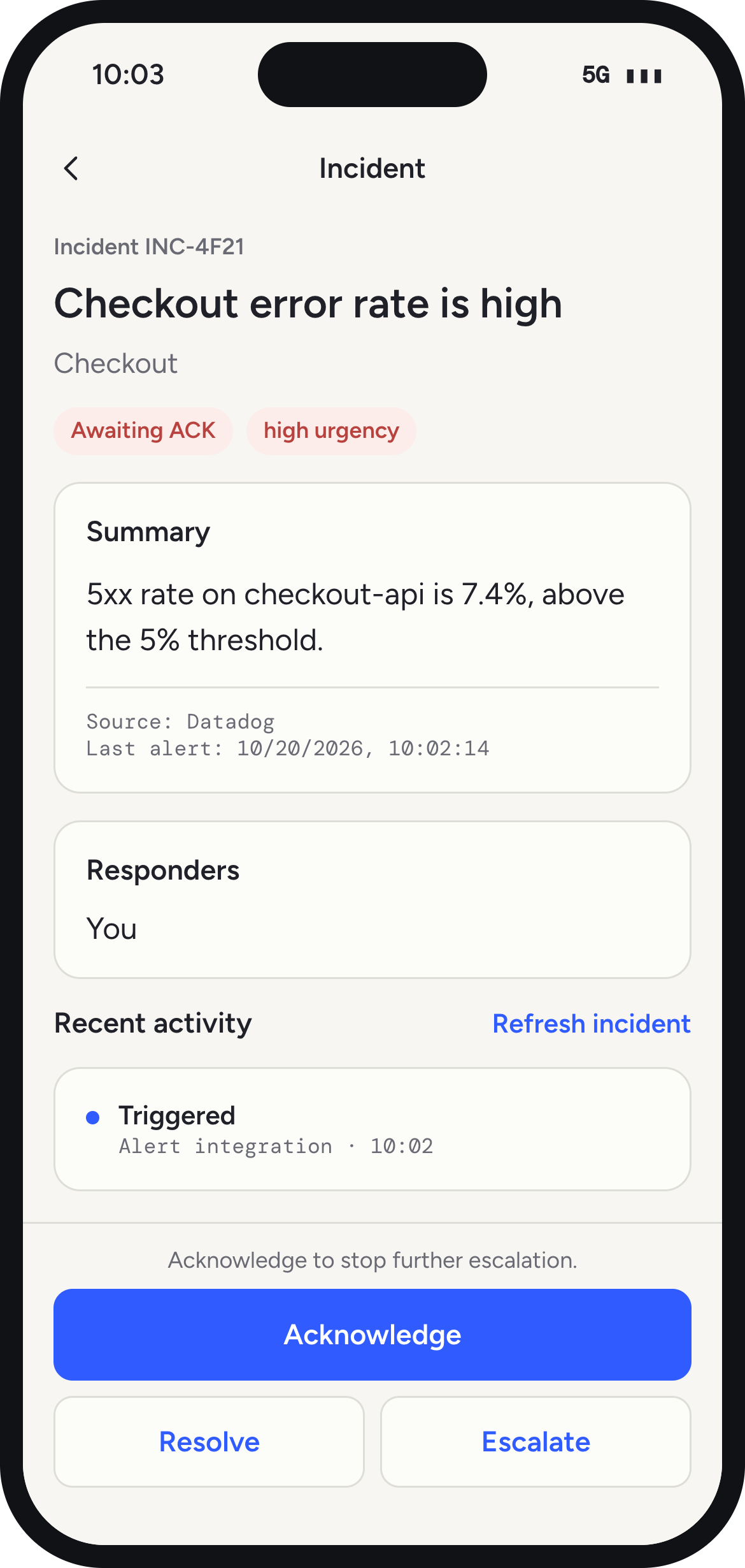 Hubble phone app: an incident with Acknowledge, Resolve and Escalate