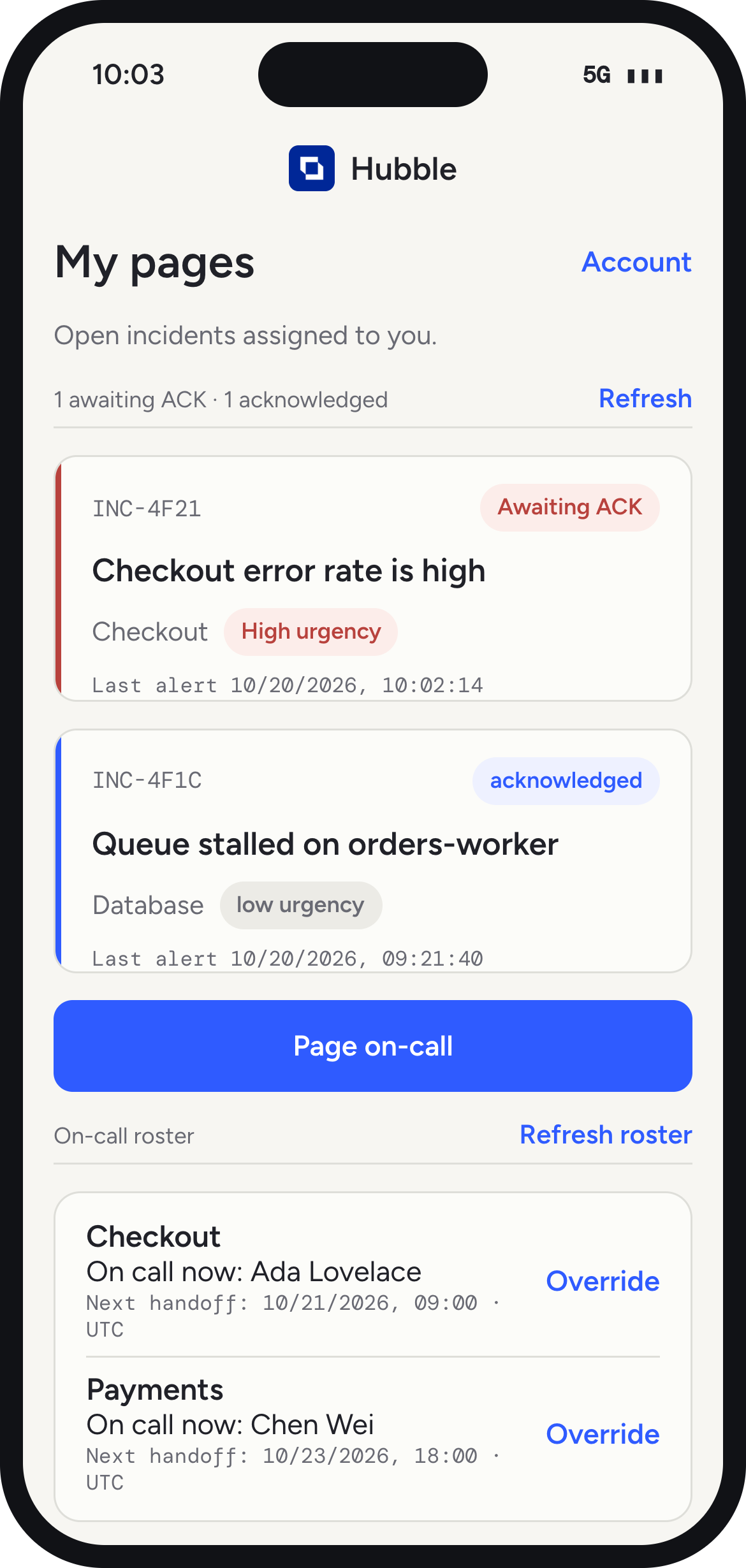 Hubble phone app: My pages, with open incidents and the on-call roster
